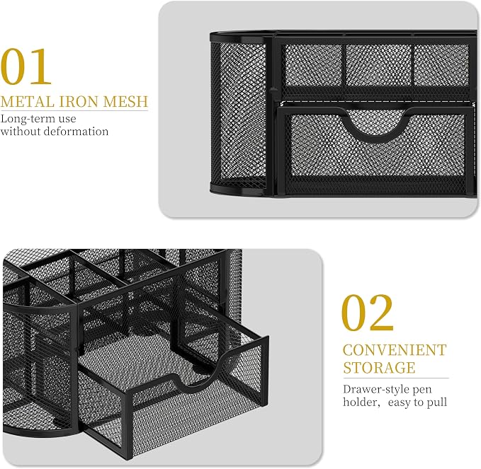 Mesh Desk Organizer with Drawer, 9-Compartment Pen Holder for Desk, Black | Pull-Out Drawer Stores Pens, Pencils, Clips, Notes, and Small Office or School Supplies in One Compact Desk Caddy - Image 5