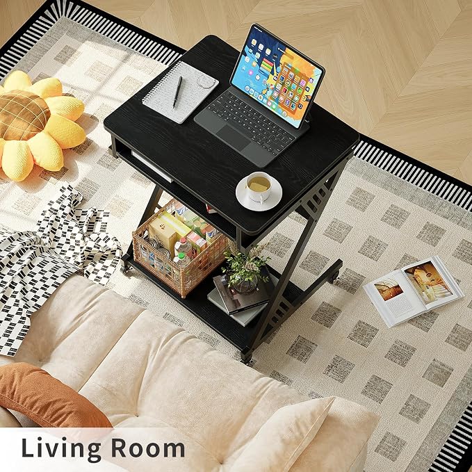 ALISENED Computer Desk for Small Spaces Compact Desk with Keyboard Tray | 23.6" Z-Shaped, with Wheels and Bottom Shelves, for Home Office, Computer Cart Mobile Laptop Cart, Black - Image 2