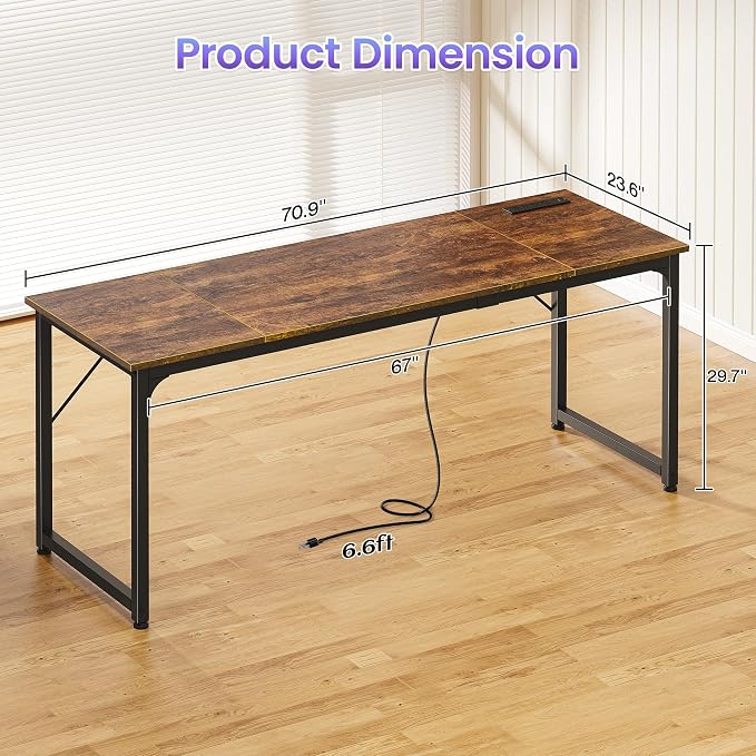 PRAISUN 70 X 24 Inch Computer Desk, Power Outlets, USB-C, Rustic Brown | Office Desk with 4 AC Outlets, USB & USB-C, Sturdy Metal Frame, Spacious Desktop for Work, Writing, Study & Gaming - Image 3