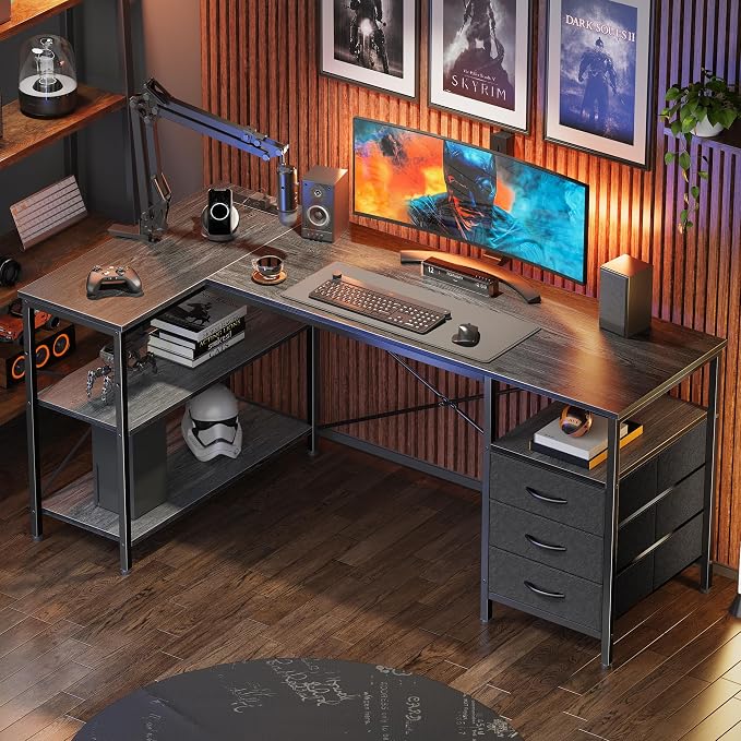 Huuger L Shaped Office Desk with Power Outlets, 55 Inch Computer Desk with 3 Drawers, Shelves, Reverisble for Gaming Corner Work Home Office Study, Grey - Image 8