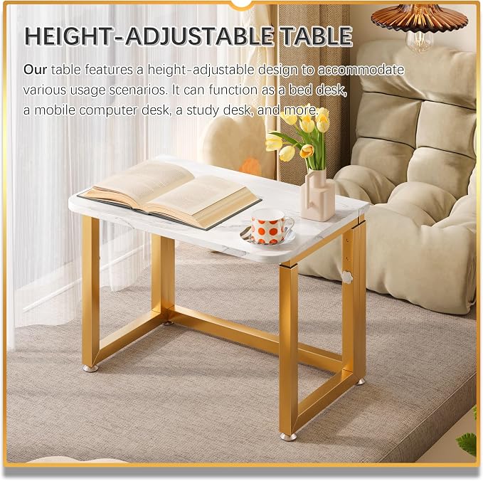 4NM No Tool Assembly 23.6" Small Desk, Folding Portable Desk with Wheels, Adjustable Height Foldable Computer Home Office Desks, Collapsible Study Writing Table for Space Saving Bedroom - White Gold - Image 7