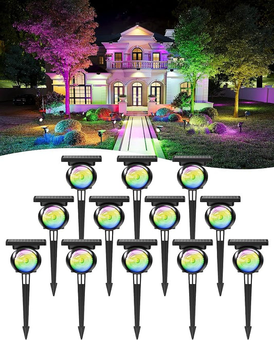 Focusing Solar Spot Lights Outdoor Waterproof, RGB+3CCT Tree Uplights 12Pcs | Multicolor Focused Lens Spotlight, Dusk-to-dawn Light, Stake or Wall Mounting for Yard Landscape Garden Path Halloween Decor by Unknown