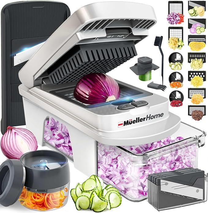 Mueller Pro-Series All-in-One, 12 Blade Mandoline Slicer for Kitchen | Spiralizer, Food Chopper, Vegetable Slicer, Cutter, Dicer, Grater, Kitchen Gadgets with Container, White Sand/Gray by Mueller