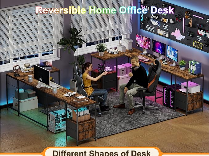 YOSHOOT 67" U Shaped Computer Desk, Reversible L Shaped Gaming Desk | Corner Desk with Power Outlets, 4 Drawers, 2 Storage Shelf, Computer Table with 4 Installation Methods, Rustic Brown - Image 7