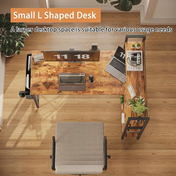 Treesland 47 Inch Computer Desk with Bookshelf, Corner Desk with Storage, L Shaped Desk, Home Office Desks, Writing Study Desk for Bedroom, Brown - Image 6