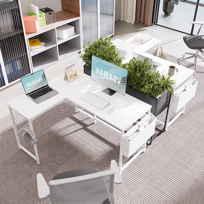 Pamray 47 Inch Reversible L Shaped Gaming Desk Corner Computer Desk with Storage Bag Home Office Table for Writing Study White - Image 5