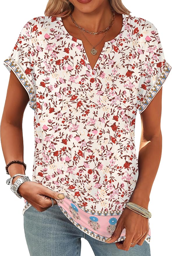 Womens Tops Dressy Casual V Neck Rolled Sleeve T Shirts Fashion Clothing Business Casual Outfits Beach Vacation Clothes - Image 2