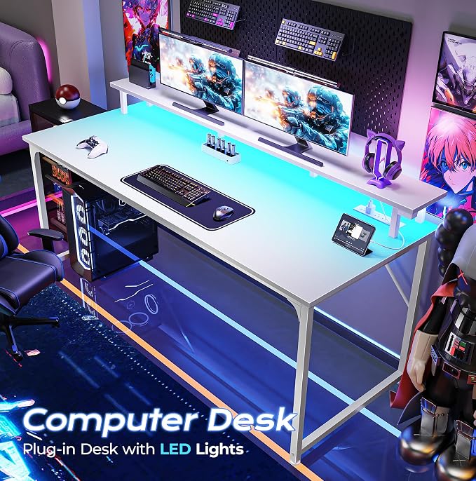 PRAISUN 55 inch Gaming Desk, LED & Power Outlets, Monitor Stand, White | Sturdy PC Desk for Home Office, Study & Work, LED Lights, 4 AC Outlets & USB-C Charging Station - Image 4