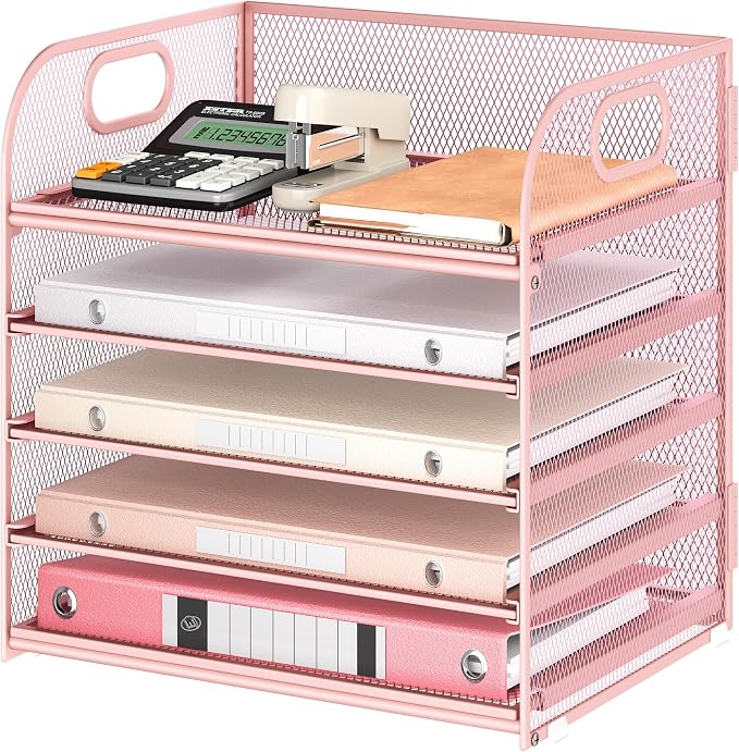 5 Tray Paper Organizer Letter Tray with Handle - Mesh Desk File Organizer, Paper Sorter Organizer for Office, Home or School File Folder Holder - Pink by Lavatino