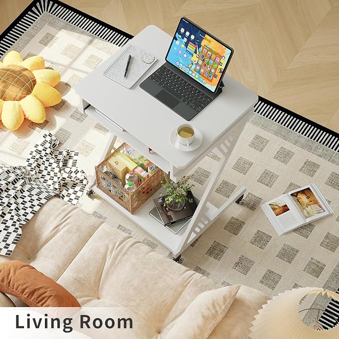 ALISENED Computer Desk for Small Spaces Compact Desk with Keyboard Tray | 23.6" Z-Shaped, with Wheels and Bottom Shelves, for Home Office, Computer Cart Mobile Laptop Cart, White - Image 8