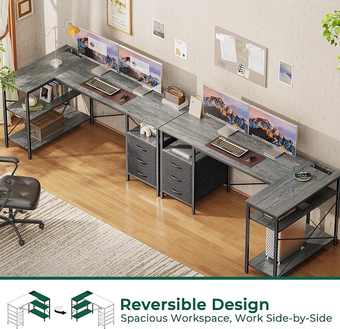 Huuger L Shaped Office Desk with Power Outlets, 55 Inch Computer Desk with 3 Drawers, Shelves, Reverisble for Gaming Corner Work Home Office Study, Grey - Image 4