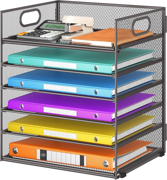 6 Tiers Letter Tray Paper Organizer With Handle, Mesh Desk File Organizer, Metal Desktop Document Shelf, Paper Sorter for Office, Home or School File Folder Holder - Grey by Lavatino