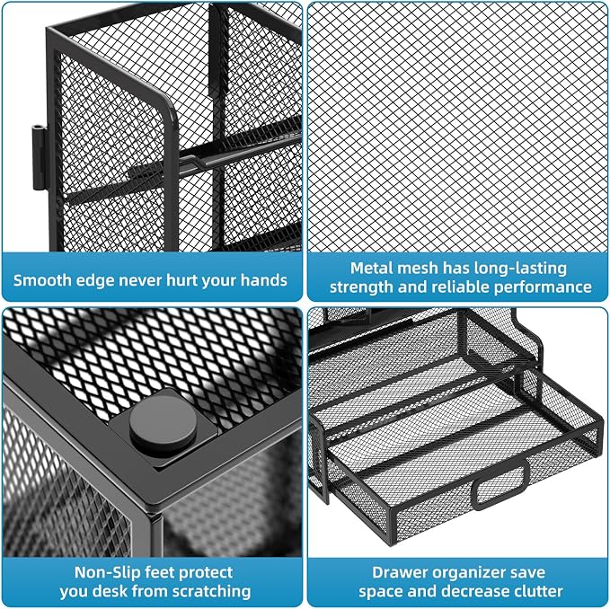 Marbrasse Larger Mesh Desk Organizer with Drawer, Multi-Functional Pen Pencil Holder, Easy Assembly, Desk Organizers and Accessories for Office Art Supplies (Black) - Image 6