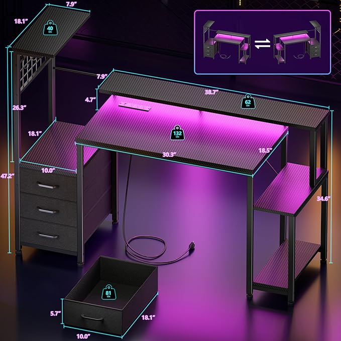 Korfile 48" Gaming Desk with Power Outlet, LED, Drawers, Carbon Fiber Black | Reversible，Computer Desk, Gamer Table, with Fabric Drawers & Side Hook, with Monitor Stand, for Game Room, Home Office - Image 3