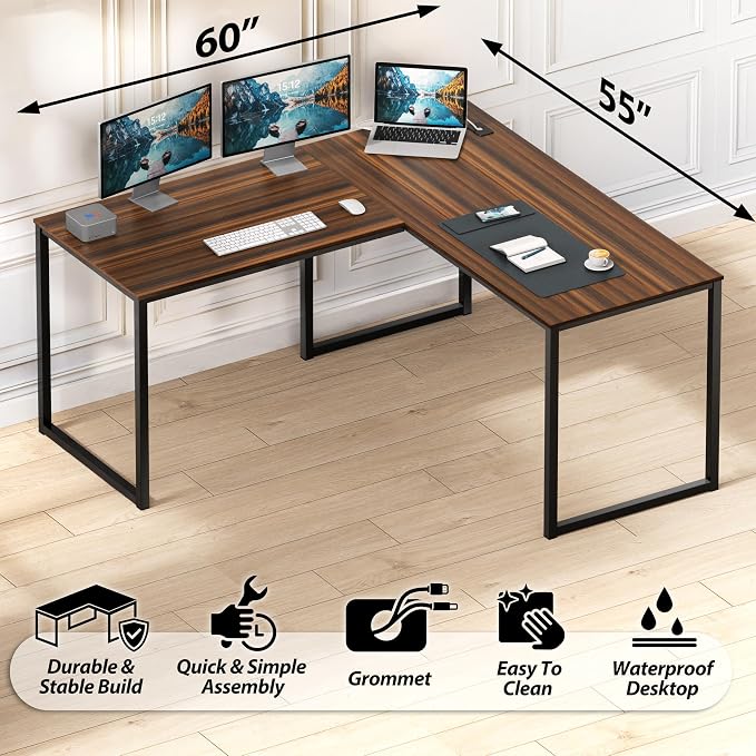 SHW Mission 55 x 60 L-Shape Home Office Computer Desk, Walnut | Reversible Desktop Design - Image 4