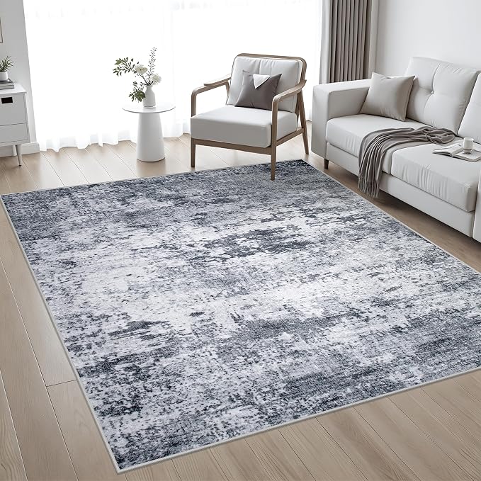 6x6 Area Rug Living Room Rug: Washable Modern Abstract Soft Thin Rug Indoor Floor No Slip Stain Resistant Carpet for Bedroom Dining Room Farmhouse Nursery Home Office - Grey - Image 2