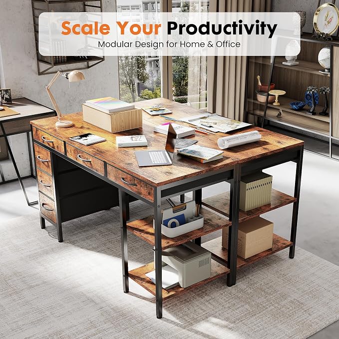 Sweetcrispy 55" Computer Desk with 6 Fabric Drawers & Storage Shelves | Reversible Gaming Desk, Office Desk, Computer Workstation, Corner Desk with Storag, Home Office, Living Room, Rustic Brown - Image 4