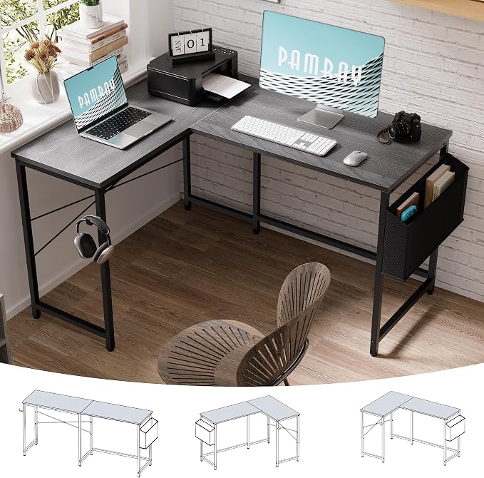 Pamray 47 Inch Reversible L Shaped Gaming Desk Corner Computer Desk with Storage Bag Home Office Table for Writing Study Grey by PAMRAY