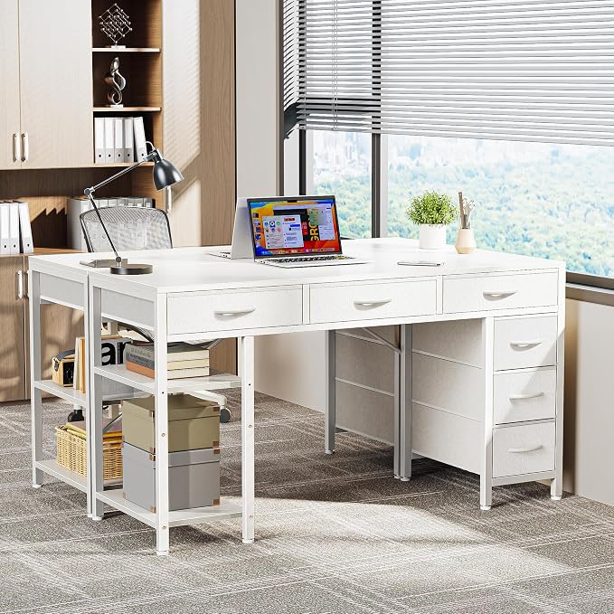 Huuger Computer Desk with 6 Drawers, Office Desk with Shelves, Reversible Gaming Desk, Corner Desk with Storage, Work for Home Office, Study, Living Room, 47inch, White - Image 8