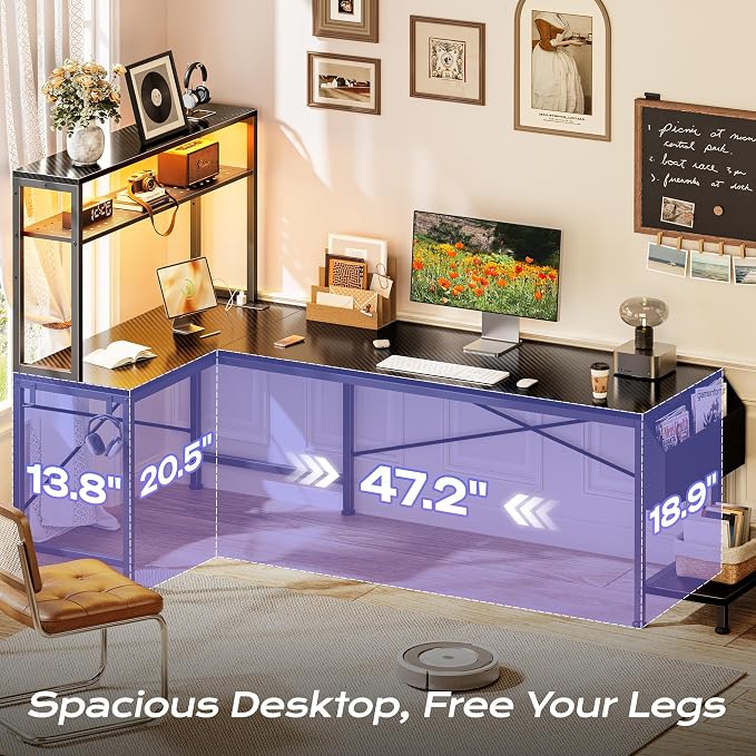PRAISUN L Shaped Gaming Desk with LED Lights & Power Outlets, Reversible Computer Desk with Storage Shelves & Bag, Large Corner Home Office Desk with Pegboard for Work from Home, Carbon Fiber Black - Image 5