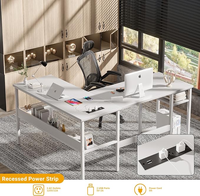 Unikito Reversible L Shaped Computer Desk with Magic Power Outlets and USB Charging Ports, Sturdy Corner Desk with Storage Shelves, Durable Work Desk for Home Office, Easy to Assemble, White - Image 4