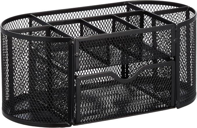 Amazon Basics Mesh Desk Organizer with Pen Holder, Pullout Drawer and Office Caddy Storage, 9.25" x 4.53" x 3.94", Black by AmazonBasics