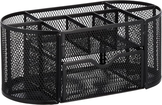 Amazon Basics Mesh Desk Organizer with Pen Holder, Pullout Drawer and Office Caddy Storage, 9.25" x 4.53" x 3.94", Black by AmazonBasics