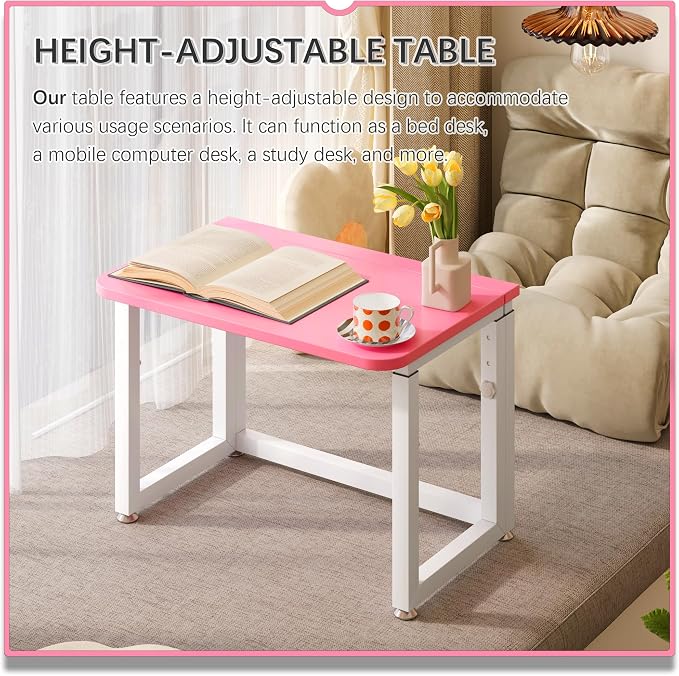 4NM No Tool Assembly 23.6" Small Desk, Folding Portable Desk with Wheels, Adjustable Height Foldable Computer Home Office Desks, Collapsible Study Writing Table for Space Saving Bedroom - Pink White - Image 7
