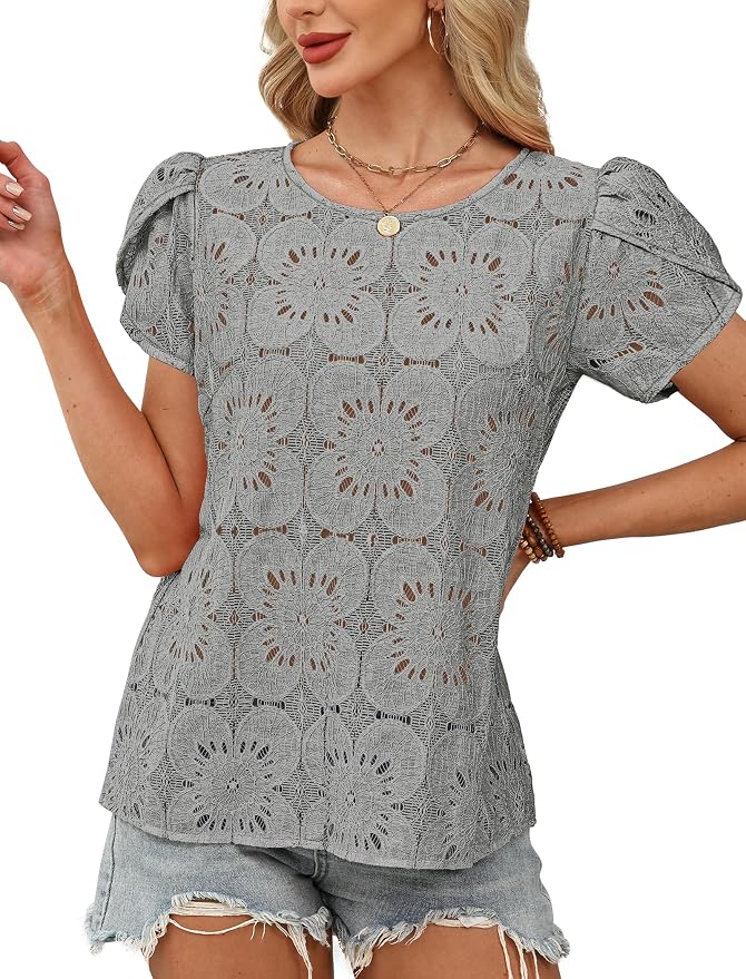OFEEFAN Blouses for Women Dressy Casual Petal Short Sleeve Shirts Crochet Lace Boho Tops Spring Fashion Summer Outfits - Image 3