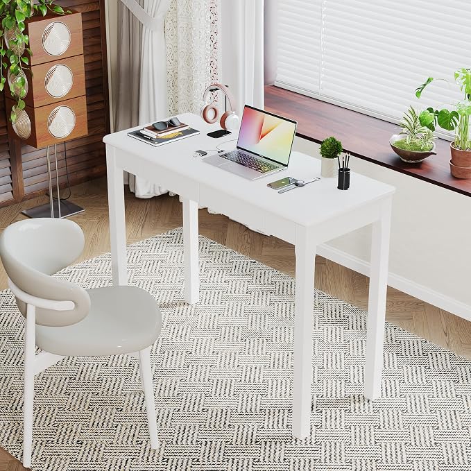 Wood Desk with Drawers - Solid Wood Mid Century Modern Desks for Bedroom, Small Computer Desk for PC, Laptop, Study, Makeup, 39.4 W x 29.5 H x 15.75 D in, White - Image 7