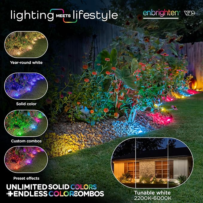 Enbrighten Vibe Eternity Garden Lights, 33ft, 8 RGBWIC LEDs, Waterproof, Uplights, Outdoor Landscape Lighting, Home Exterior Spotlight, Smart App, Works with Alexa, Google Home, 83789 - Image 3