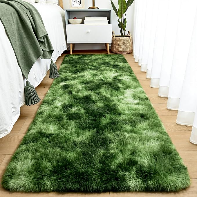 Tepook Soft Runner Rugs for Bedroom 2x6 with Rubber Backing, Tie-Dyed Dark Green Fluffy Rugs for Hallway, Shag Bedside Rug Fuzzy Plush Carpet for Living Room Dorm Nursery Indoor Home Decor by Tepook