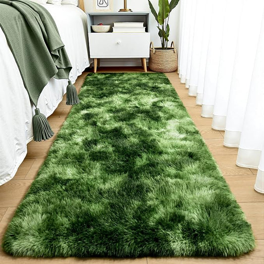 Tepook Soft Runner Rugs for Bedroom 2x6 with Rubber Backing, Tie-Dyed Dark Green Fluffy Rugs for Hallway, Shag Bedside Rug Fuzzy Plush Carpet for Living Room Dorm Nursery Indoor Home Decor by Tepook