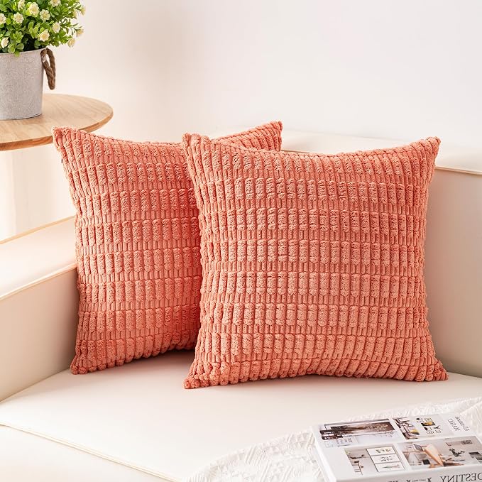 Aegero Pack of 2 Corduroy Decorative Throw Pillow Covers 18x18 InchSoft Boho Striped Pillow Covers Modern Farmhouse Home Decor for Sofa Living Room Couch Bed（Orange） by Unknown