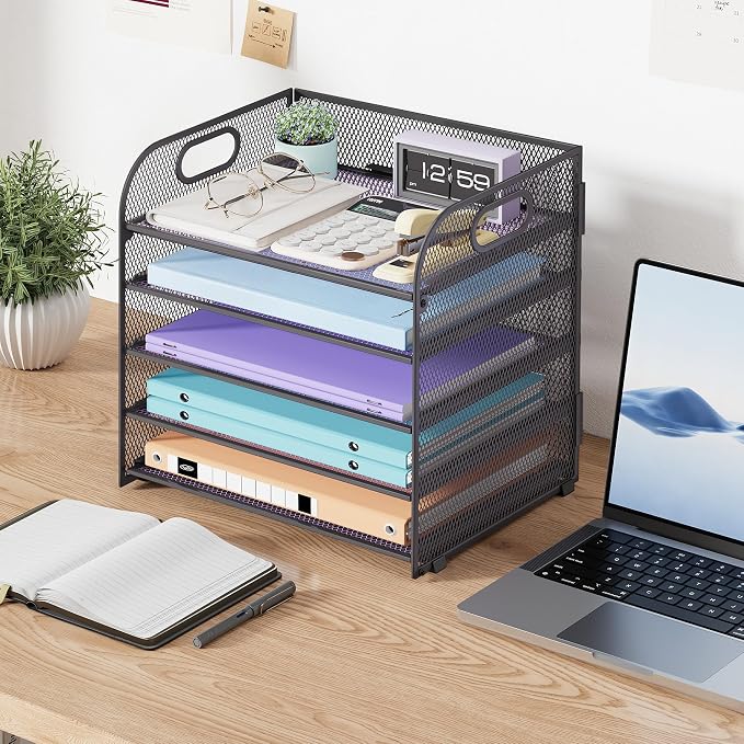 Cawukege 5 Tier Paper Organizer with Handle, Grey Metal Mesh Desk Organizer File Folder Paper Letter Tray Desktop Document Sorter for Classroom, School, Office Accessories Organization and Storage - Image 7
