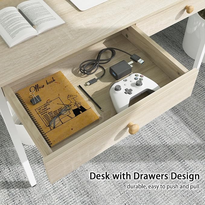 Weehom Computer Desk with Drawers, Home Office Workstation, Beige | Sturdy and spacious workstation for writing, studying and gaming, Suitable for PC and laptop use - Image 4