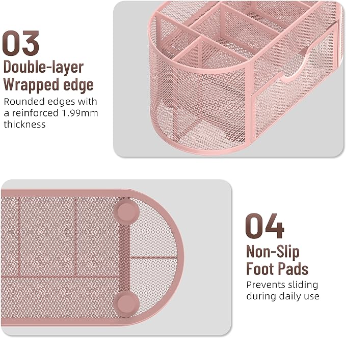 Mesh Desk Organizer with Drawer, 9-Compartment Pen Holder for Desk, Pink | Pull-Out Drawer Stores Pens, Pencils, Clips, Notes, and Small Office or School Supplies in One Compact Desk Caddy - Image 6