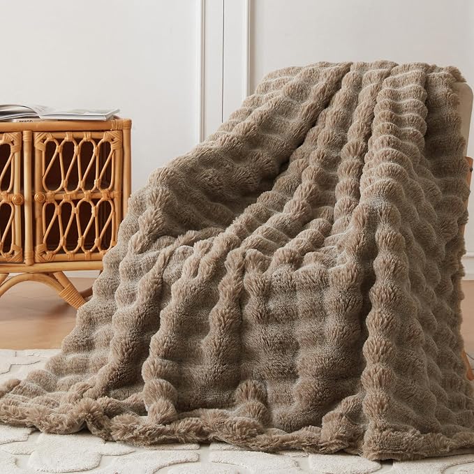 COOVA Faux Fur Throw Blanket for Couch, Cozy Soft and Fuzzy Plush Rabbit Fur Bubble Blanket for Sofa Bedroom Living Room, 50x60 Inches Cationic Brown by COOVA