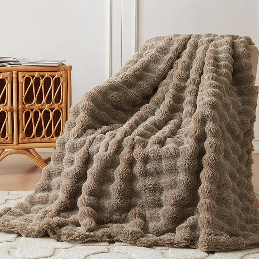 COOVA Faux Fur Throw Blanket for Couch, Cozy Soft and Fuzzy Plush Rabbit Fur Bubble Blanket for Sofa Bedroom Living Room, 60x80 Inches Cationic Brown by COOVA