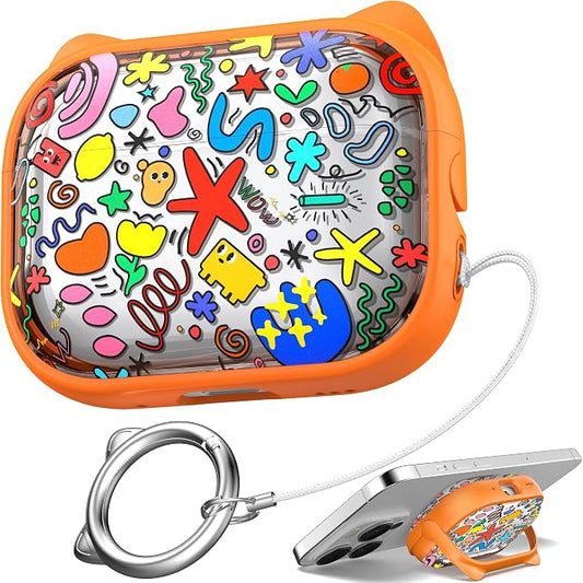 for AirPods Pro 2 Case with Cleaning Kit, Cute Cat Ear Print Design & Cute Buckle for Girls, Phone Holder & Top Safe Lock Buckle Design for AirPods Pro 2nd/1st Gen case, Orange Seaworld by MHYALUDO