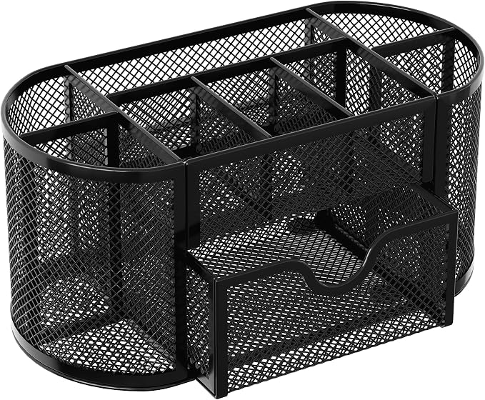 EasyPAG Mesh Pen Holder Desk Organizer with Drawer Stationery Supplies Organizer for Dorm School 9 Compartments Workspace Desk Accessories Organization for Office, Black - Image 2