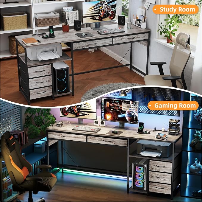 YOSHOOT 60" Computer Desk with 5 Fabric Drawers, Gaming Desk Table | Desk with Storage and Power Outlets, for Adults and Teenagers Working Writing Study, Grey - Image 7