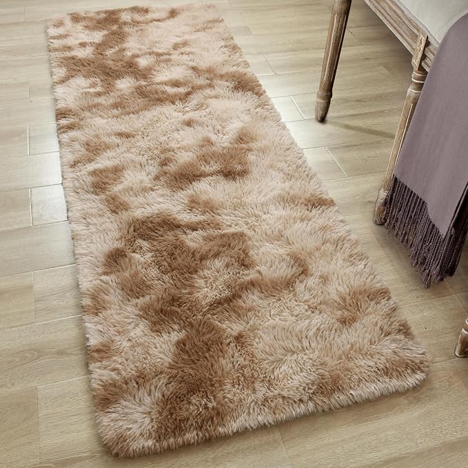 Tepook Fluffy Runner Rugs for Bedroom Aesthetic 2x6 Feet, Shag Soft Bedside Rug with Non-Slip Bottom, Fuzzy Plush Carpet for Room, Hallway Rug for Nursery Dorm Indoor Home Decor, Tie-Dyed Beige - Image 4