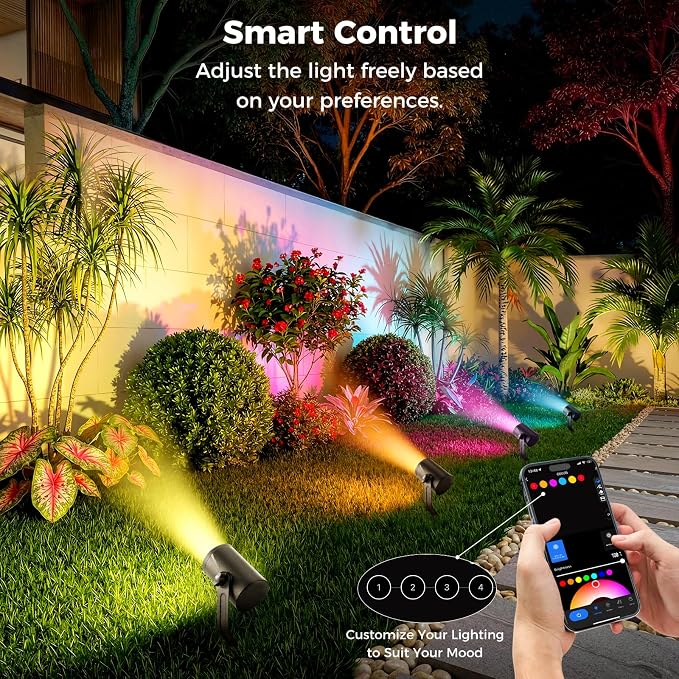 CDN Smart Landscape Spotlights, 4 Pack RGBCW Outdoor Lights, IP65 Waterproof & Dimmable, Compatible with Alexa/Google Assistant, for Garden Yard Pathway Decor - Image 5