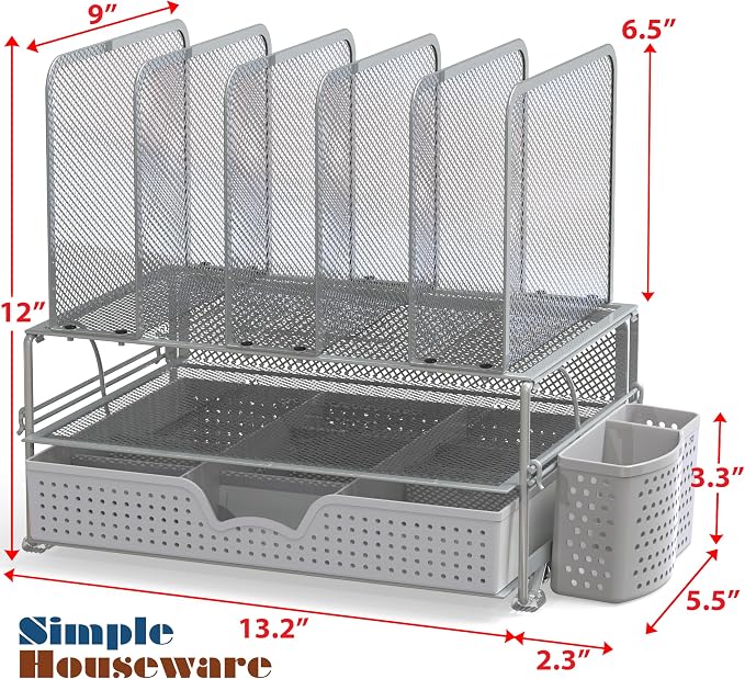Simple Houseware Desk File Organizer for Office Supplies w/Drawer, Silver | Double Tray, Pencil Holder, and 5 Upright Sections with Sliding Drawer - Image 2