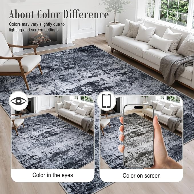 5x7 Area Rug Living Room Rug: Washable Modern Abstract Soft Thin Rug Indoor Floor No Slip Stain Resistant Carpet for Bedroom Dining Room Farmhouse Nursery Home Office - Black - Image 8