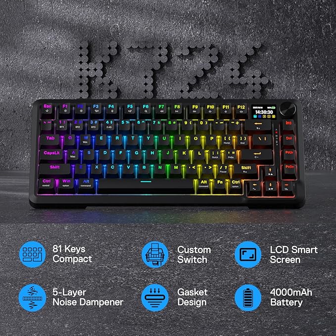 Redragon K724 PRO Wireless 81-Key Gasket Gaming Keyboard with Screen & Knob | Easy-Control LED Info Display, 0-Delay Tri-Mode, Cushioned 5-Layer Noise Dampening for Creamy Thocky Sound, Compact 80% Size - Image 2