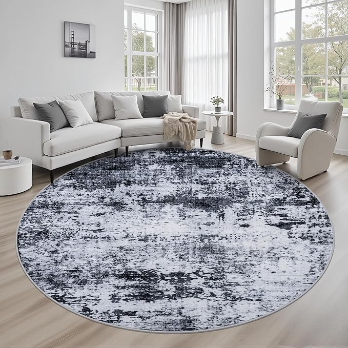 Round Area Rug for Living Room: 6 ft Washable Modern Abstract Soft Thin Rug Indoor Floor No Slip Stain Resistant Carpet for Bedroom Dining Room Farmhouse Nursery Home Office - Black by FXRHLP