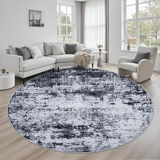 Round Area Rug for Living Room: 6 ft Washable Modern Abstract Soft Thin Rug Indoor Floor No Slip Stain Resistant Carpet for Bedroom Dining Room Farmhouse Nursery Home Office - Black by FXRHLP