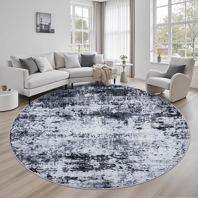 Round Area Rug for Living Room: 8 ft Washable Modern Abstract Soft Thin Rug Indoor Floor No Slip Stain Resistant Carpet for Bedroom Dining Room Farmhouse Nursery Home Office - Black by FXRHLP